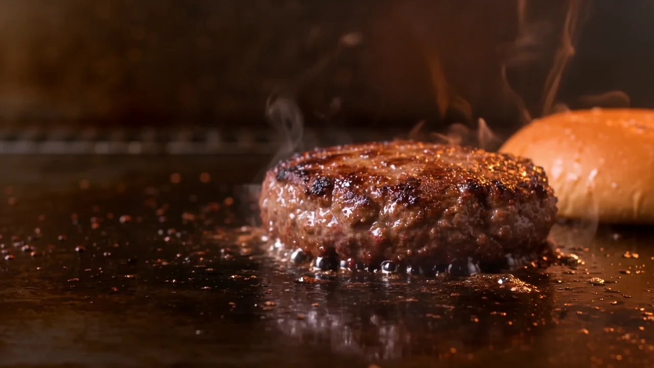 Filme conceitual de um hambúrguer: da carne na chapa à montagem com queijo e molho.